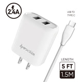 Type C Charger #98 = 2.4A Combo (Wall Adapter with 2 USB Ports + Single Cable) PVC 1.5M / 5FT For Type C