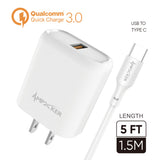 Type C Charger #100 = QC 3.0 Combo (Wall Adapter Single Port + Single HQ Cable) TPE 1.5M / 5 FTFor USB to Type C