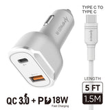 Type C Charger #93 = QC 3.0 + PD 18W Combo (Tough Car Adapter Dual Port + Cable) HQ TPE 1.5M / 5FT Type C to Type C Black