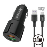 Type C Charger #95 = 2.4A + QC 3.0 Combo (Car Adapter Dual USB Ports + One Cable) TPE 1.5M / 5 FT For USB to Type C Black