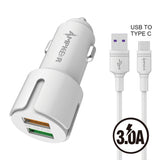 Type C Charger #95 = 2.4A + QC 3.0 Combo (Car Adapter Dual USB Ports + One Cable) TPE 1.5M / 5 FT For USB to Type C Black