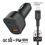 iphone charger Cable #52 = QC 3.0 + PD 18W Combo (Car Adapter Dual Port + Cable) TPE 1.5M / 5FT Type C to Lightning (PD) white