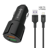 iphone charger Cable #54 = 2.4A + QC 3.0 Combo (Car Adapter with Dual USB Port + Single Cable) TPE 1.5M / 5FT For USB to Lightning white